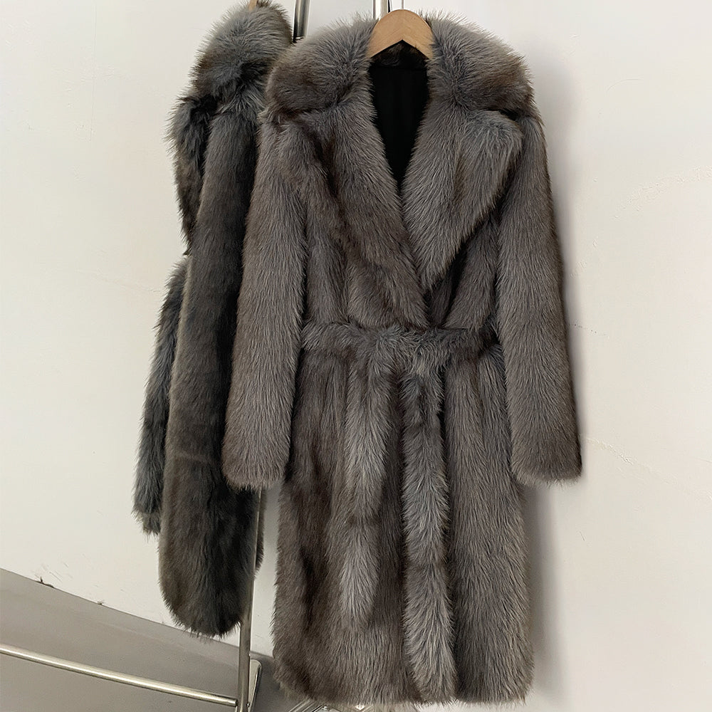 OFTBUY Luxury Long-Length Belted Faux Fur Coat - Premium Vegan Silver Fox Style Overcoat with Oversized Lapel