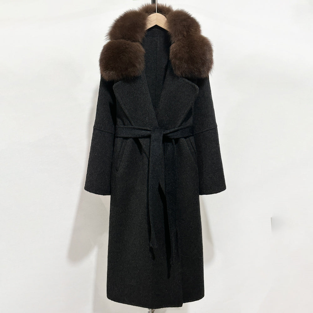 OFTBUY Belted Long Warm Winter Elegant Fashion Outerwear New Women's Double-Faced Wool Coat with Real Fox Fur Collar