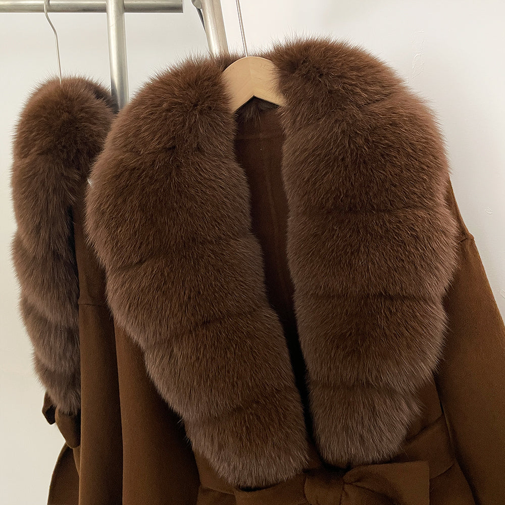 OFTBUY New Women's Double-Faced Wool Coat with Large Real Fox Fur Belted Warm Jacket Winter Elegant Fashion Outerwear Female