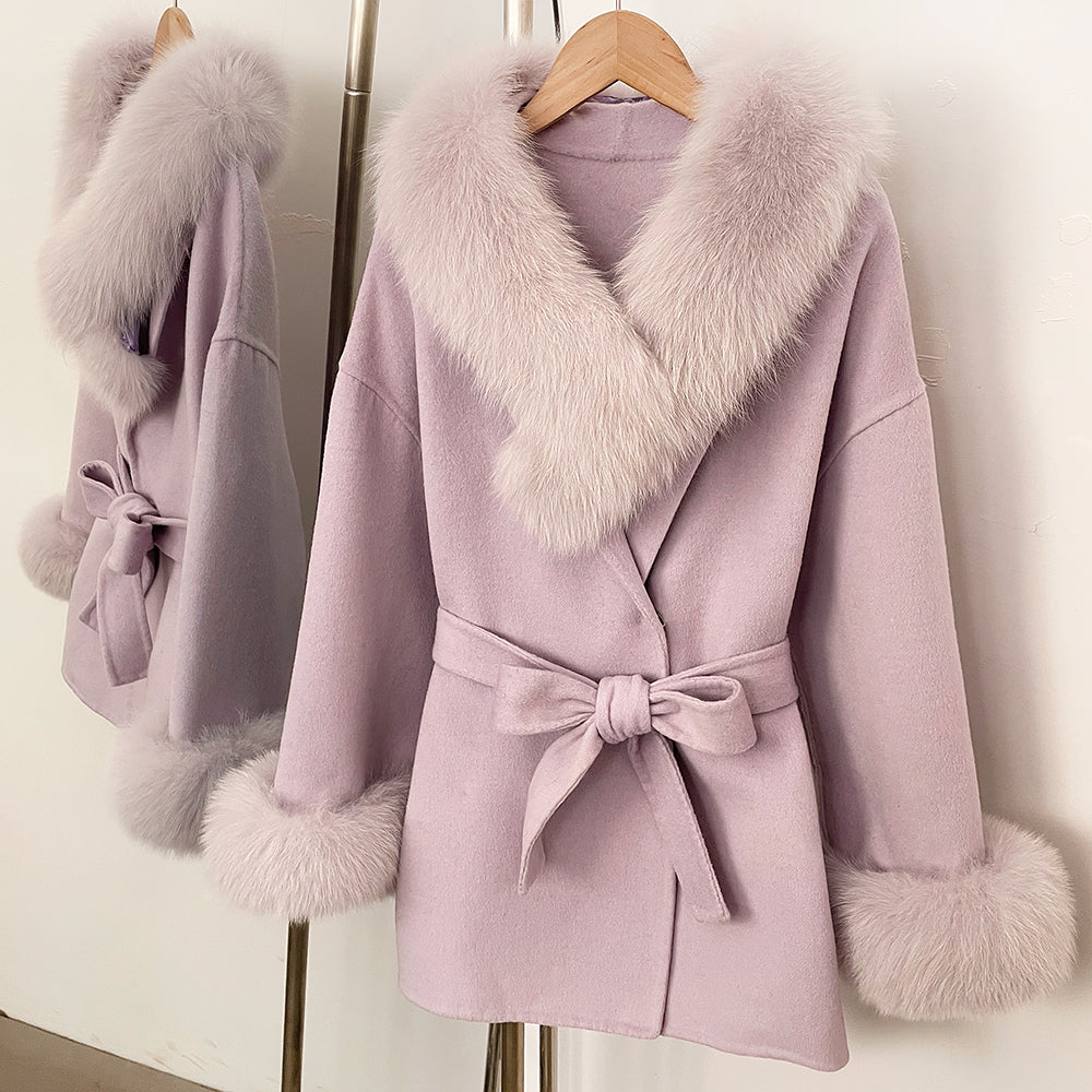 OFTBUY Purple Elegant Double-sided Wool Coat New Autumn Winter Clothes Women Real Fox Fur Scarf Collar Belt Wool Jacket Female