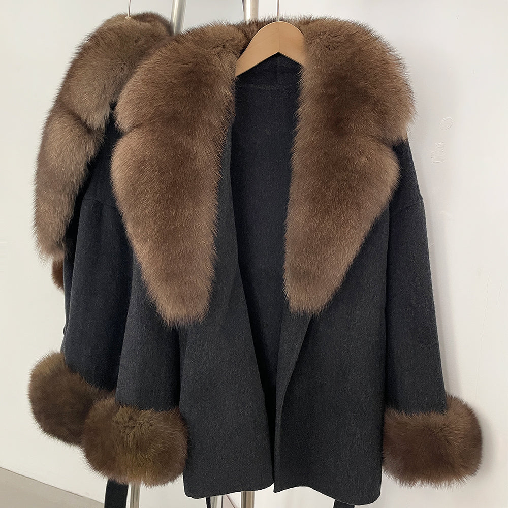 OFTBUY New Women's Double-Faced Wool Coat with Large Real Fox Fur Collar Cuffs Belted Warm Winter Elegant Fashion Outerwear Lady