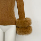OFTBUY Luxury Mock Neck Ribbed Knit Top with Oversized 100% Real Fox Fur Cuffs