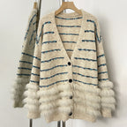 OFTBUY Stripe V-neck Real Fur Trim Sweater Coat Women New Spring Autumn Top Clothing Female Knitted Cardigans with Real Fox Fur