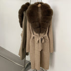 OFTBUY Women's Luxury Brown Knit Cardigan with Real Fox Fur Collar Belted Sweater Coat Female New Fashion Warm Winter Outerwear