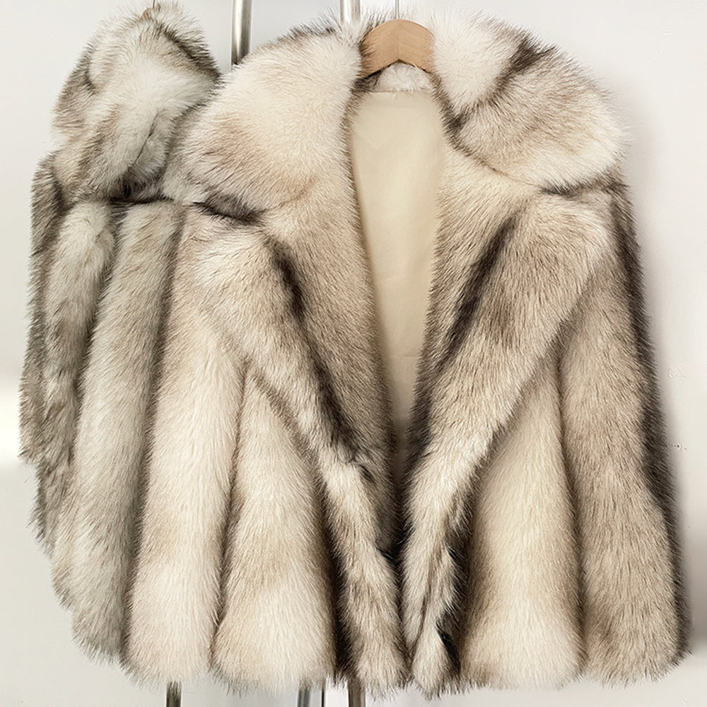 Luxury cream faux fur jacket with realistic dark tips and dramatic lapel