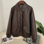 OFTBUY Women's Faux Leather Zip Up Jacket Lapel Collar PU Coat with Pockets new autumn winter Casual Vintage Outerwear female
