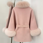 OFTBUY New Autumn Winter Top Clothes Women Fashion Warm Belt Real Fox Fur Double-Faced Wool Capr Jacket Female Loose Woolen Coat