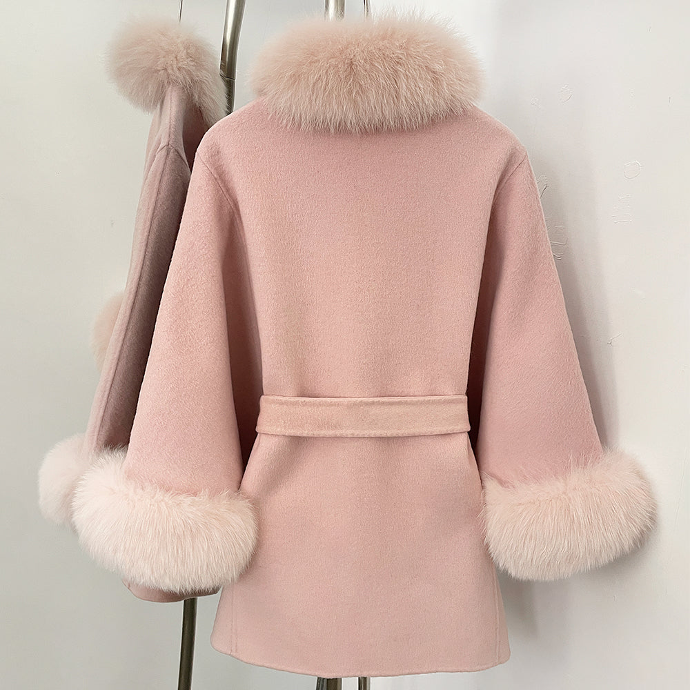 OFTBUY New Autumn Winter Top Clothes Women Fashion Warm Belt Real Fox Fur Double-Faced Wool Capr Jacket Female Loose Woolen Coat