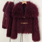 OFTBUY Luxury Oversized Collar Faux Mongolian Sheep Fur Cropped Jacket - Belted Buckle Vegan Curly Fur Coat