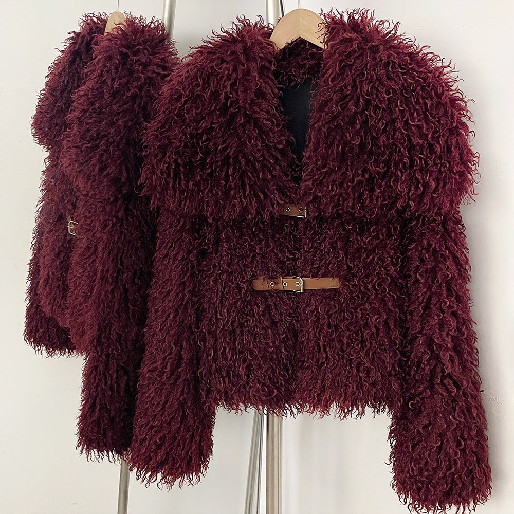 OFTBUY Luxury Oversized Collar Faux Mongolian Sheep Fur Cropped Jacket - Belted Buckle Vegan Curly Fur Coat