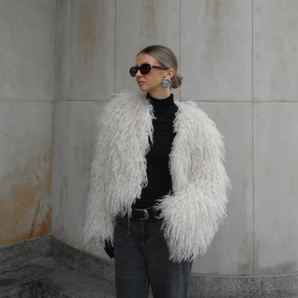 OFTBUY Cropped Faux Mongolia Sheep Fur Jacket