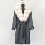OFTBUY Winter Jacket Women Woolen Blends Coat Natural Real Fox Fur Collar Belt Loose Outerwear Casual Outerwear Streetwear