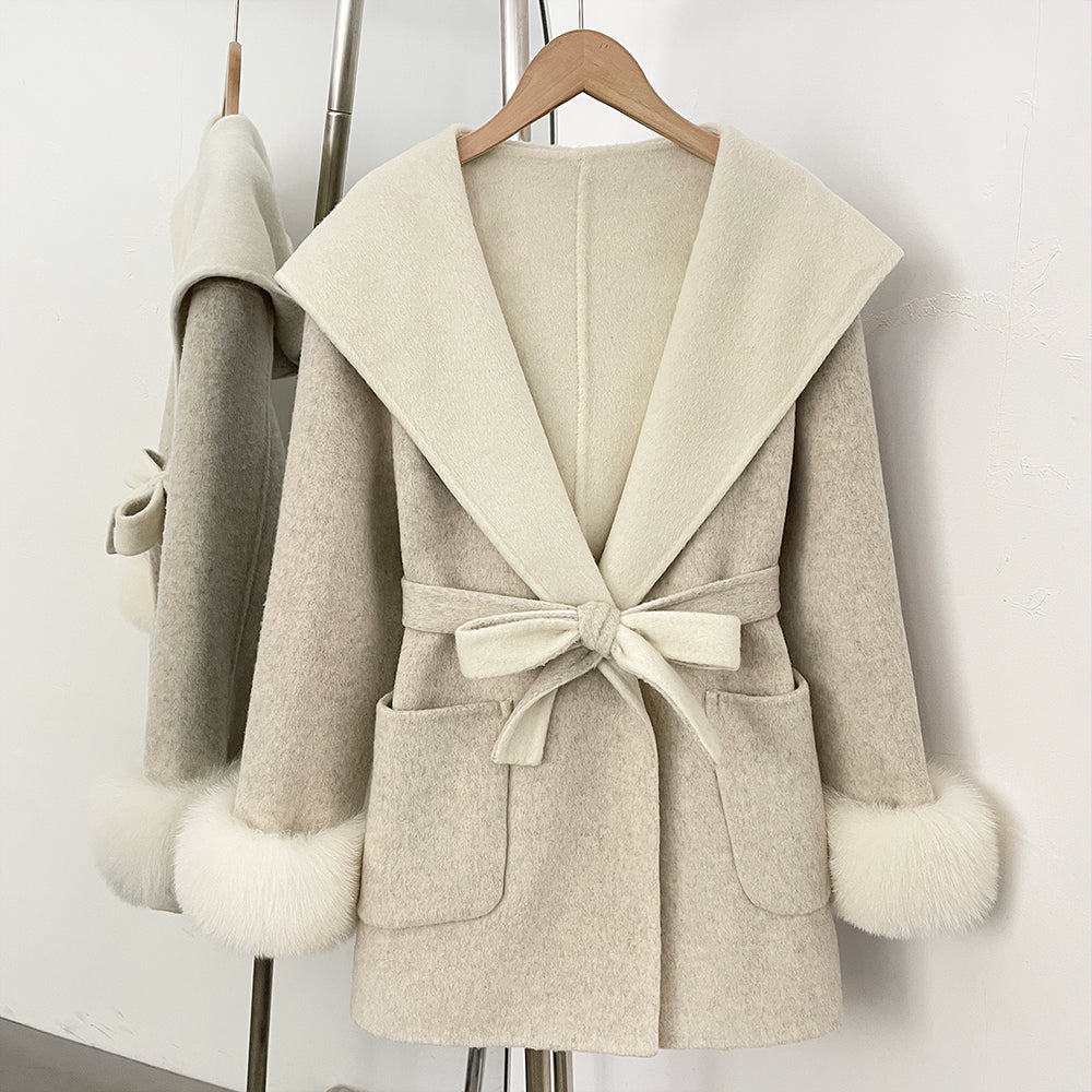 OFTBUY Belted Bow Pockets Winter Elegant Outerwear Jacket Female New Women's Wool Coat with Contrast Hood Real Fox Fur Cuffs