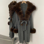 OFTBUY Fashion Warm Belt Real Fox Fur Cardigan New Natural Fur Collar Long Knit Jacket Women Atrumn Winter Top Clothing Female