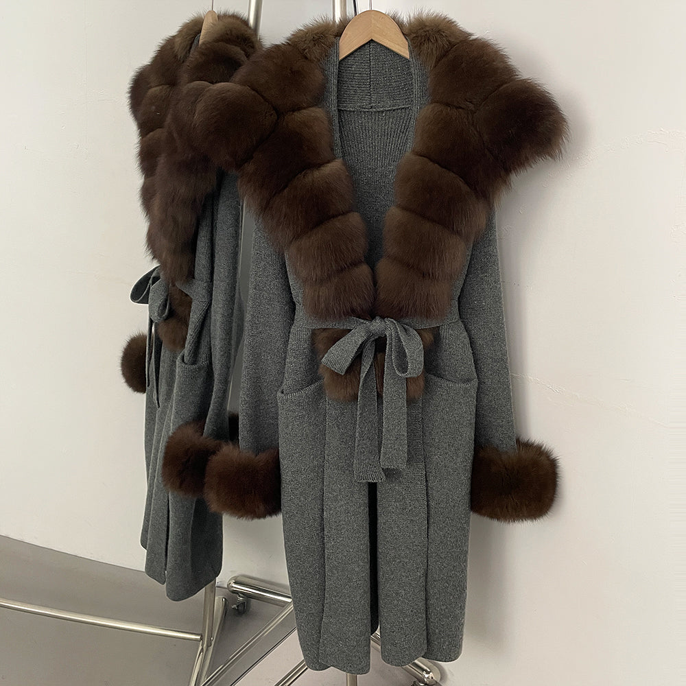 OFTBUY Fashion Warm Belt Real Fox Fur Cardigan New Natural Fur Collar Long Knit Jacket Women Atrumn Winter Top Clothing Female