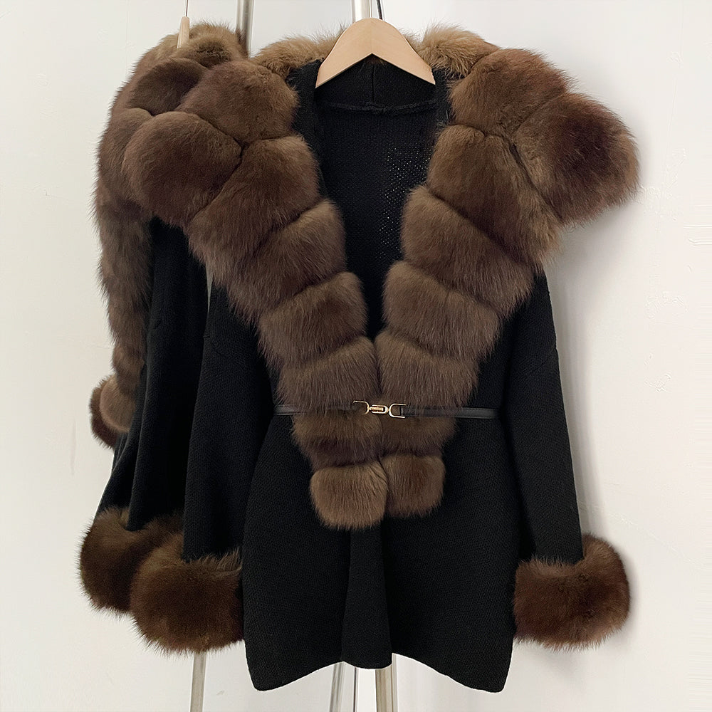 OFTBUY Belt Loose Fit Warm Winter Fashion Outerwear Natural Fur Sweater Female New Women's Knit Coat with Large Real Fox Fur