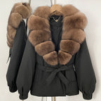 OFTBUY Winter Warm Women Real duck Down Jackets Natural Real Fox Fur Collar Puffer Jackets Belt Female Outwear Coats Hot Sale