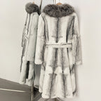 Full rear view of gradient white genuine rabbit fur midi trench with full fox fur collar