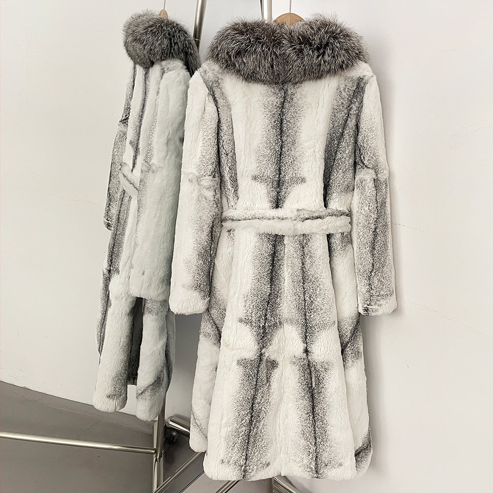 Full rear view of gradient white genuine rabbit fur midi trench with full fox fur collar