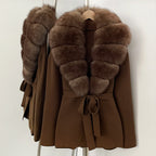 OFTBUY New Autumn Winter Luxury Fashion Outerwear Lady Women's Knit Coat with Large Real Fox Fur Collar Belt Textured Knit Warm