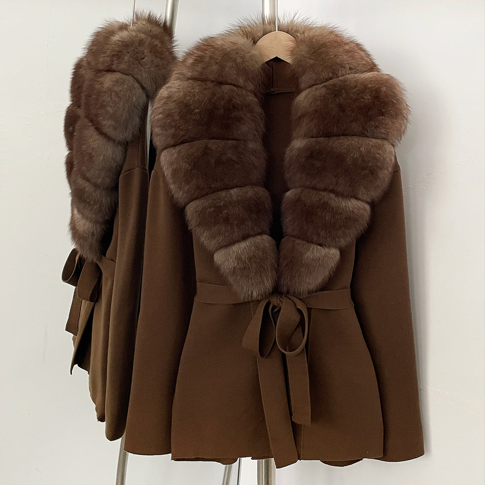OFTBUY New Autumn Winter Luxury Fashion Outerwear Lady Women's Knit Coat with Large Real Fox Fur Collar Belt Textured Knit Warm