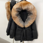 OFTBUY Thick Warm Mid-Long Puffer Coat Real Fox Fur Collar White Duck Down Coat Female Loose Warm Hooded Parkas With Belt