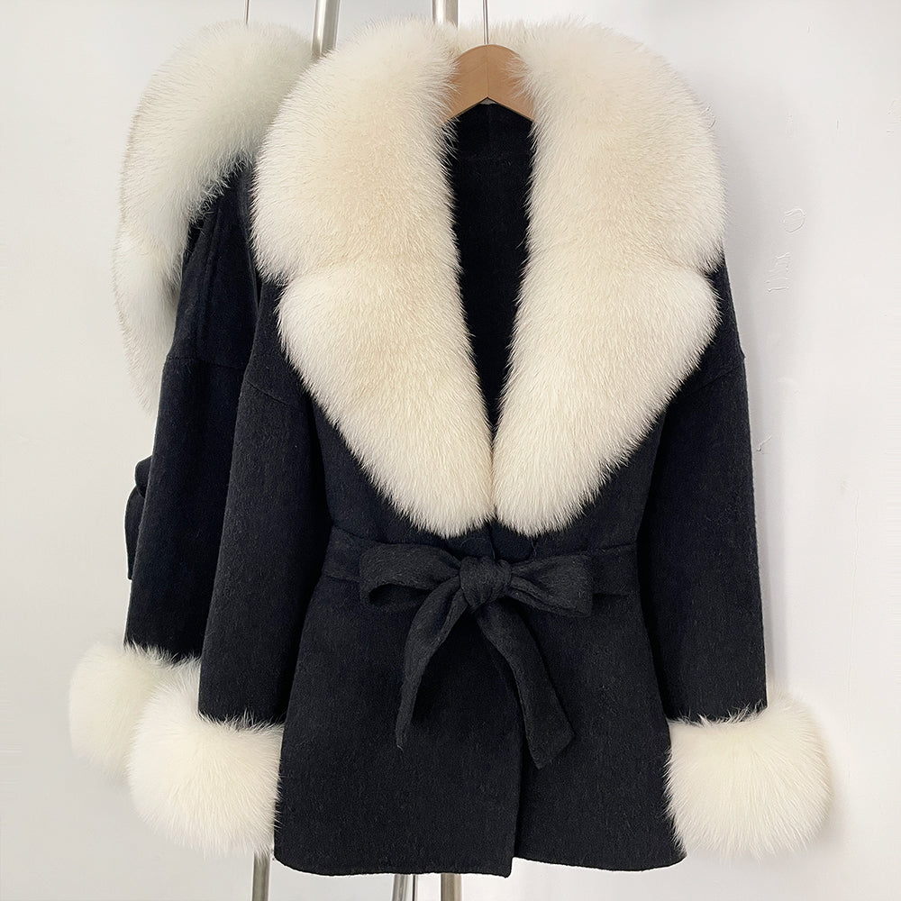 OFTBUY New Women's Double-Faced Wool Coat with Large Real Fox Fur Collar Cuffs Belted Warm Winter Elegant Fashion Outerwear Lady