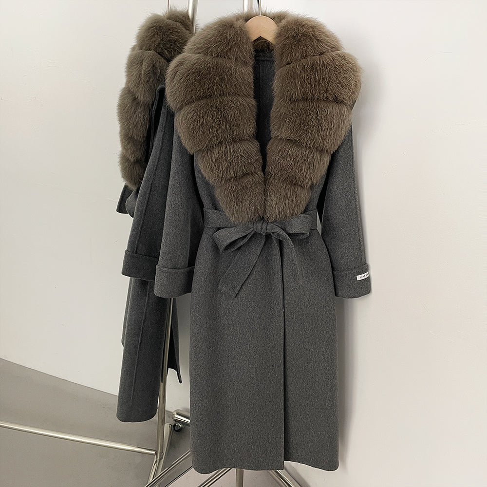 OFTBUY Belted Elegant Warm Outerwear Coat Female Women's Luxury Double-Faced Wool Jacket Winter Oversized Real Fox Fur Collar