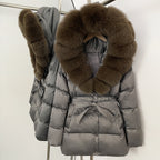 OFTBUY New Women's Duck Down Jacket with Large Real Fox Fur Hood Belted Waist Warm Winter Puffer Coat Lady Luxury Outerwear