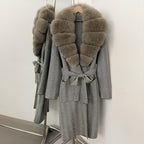 OFTBUY New Women's Knit Coat with Large Real Fox Fur Collar Belted Cardigan Female Winter Elegant Outerwear Warm Long Coat Lady