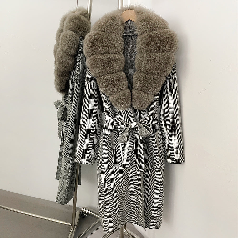 OFTBUY New Women's Knit Coat with Large Real Fox Fur Collar Belted Cardigan Female Winter Elegant Outerwear Warm Long Coat Lady