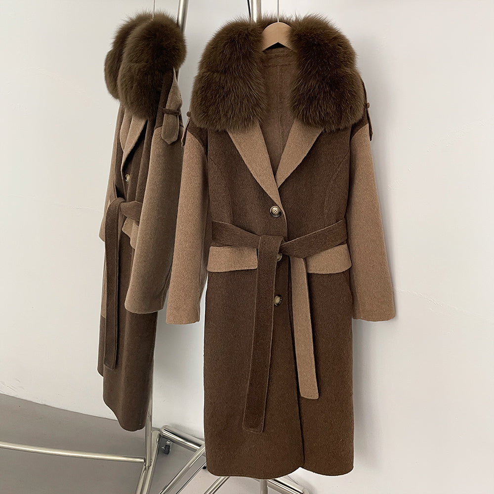 OFTBUT New Autumn Winter Clothing Women Long Single-breasted Belt Wool Coat Female Natural Fox Fur Cashmere Woolen Jacket