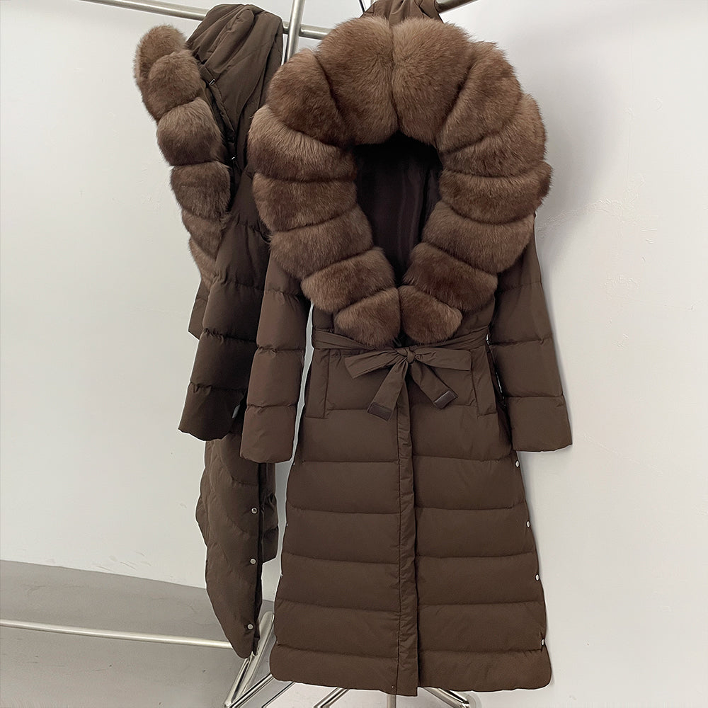 OFTBUY Hooded Winter White Duck Down Coat Large Real Fox Fur Collar X-Long Puffer Jacket Women Thick Female Parkas With Belt