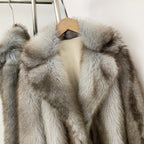 OFTBUY Luxury Long-Line Notch Lapel Faux Fur Coat - Elegant Winter Vegan Fur Overcoat