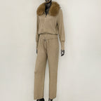 OFTBUY Winter New Women's Knitted Tracksuit Set with Fox Fur Collar Zipper Jacket Wide Leg Pants Luxury Casual Two-Piece Outfit