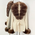 OFTBUY Belt Knit Warm Winter Luxury Casual Fashion Outerwear Sweater Female New Women's Knit Coat with Large Real Fox Fur Collar