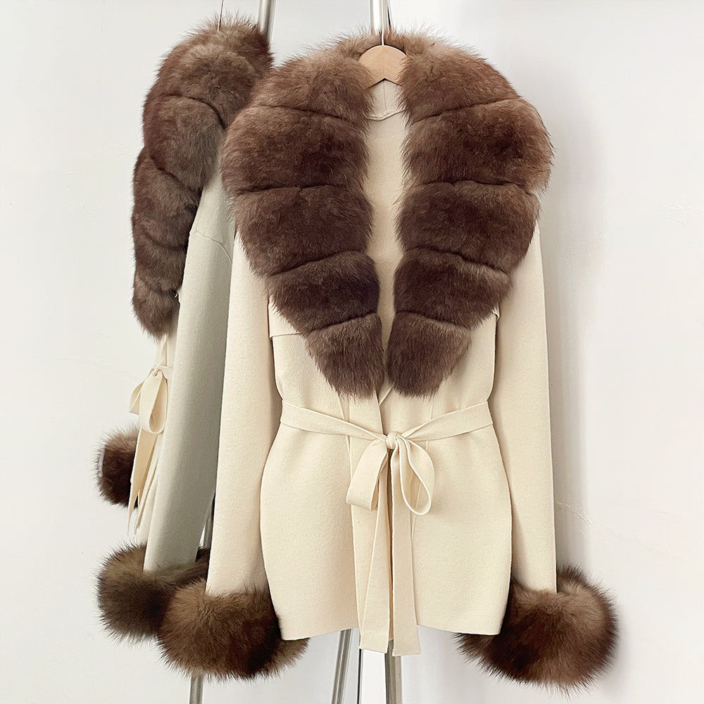 OFTBUY Belt Knit Warm Winter Luxury Casual Fashion Outerwear Sweater Female New Women's Knit Coat with Large Real Fox Fur Collar