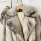 OFTBUY Luxury Long-Length Belted Faux Fur Coat - Premium Vegan Silver Fox Style Overcoat with Oversized Lapel