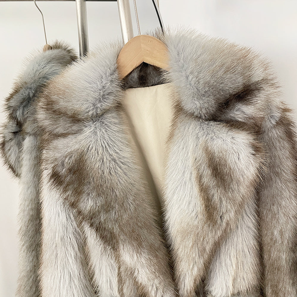 OFTBUY Luxury Long-Length Belted Faux Fur Coat - Premium Vegan Silver Fox Style Overcoat with Oversized Lapel