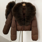 OFTBUY New Puffer Jacket Women with Large Natural Fox Fur Collar Short Fluffy Thick Parkas Female 90% White Duck Down Coat Lady