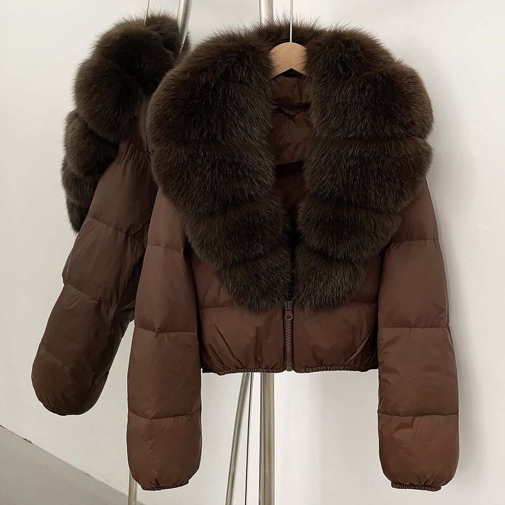 OFTBUY New Puffer Jacket Women with Large Natural Fox Fur Collar Short Fluffy Thick Parkas Female 90% White Duck Down Coat Lady