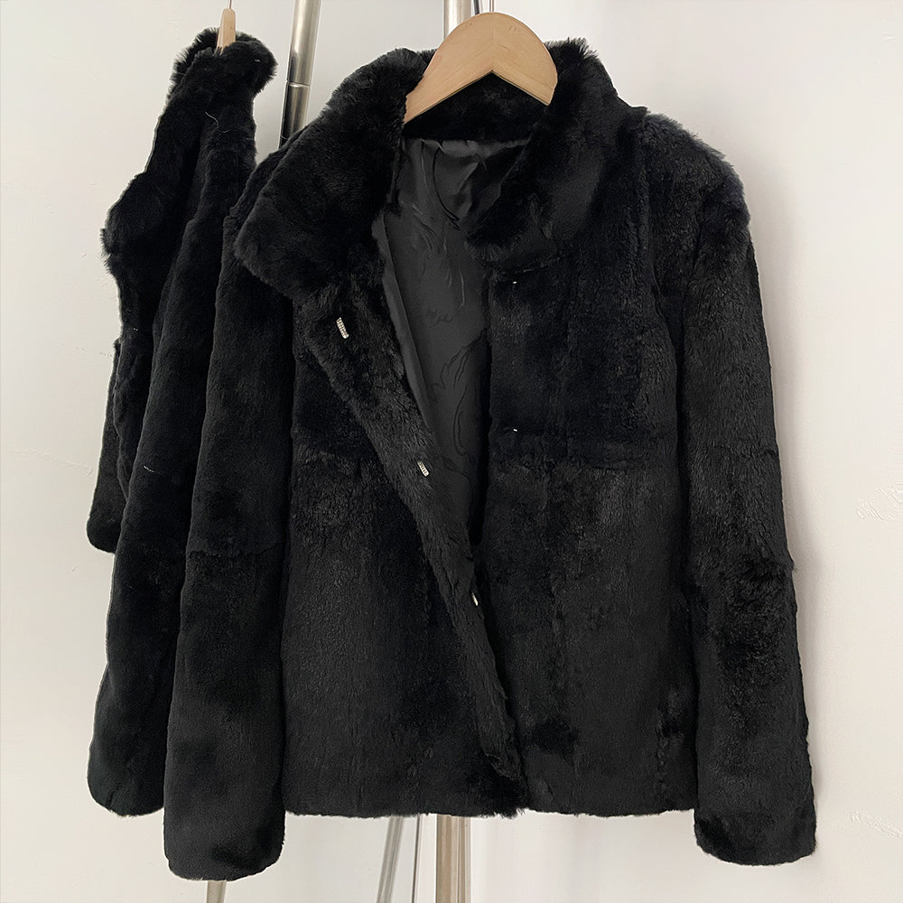 OFTBUY Women's Luxury Real Rabbit Fur Coat Stand Collar Fur Jacket Female New Warm Autumn Winter Outerwear for Cold Weather