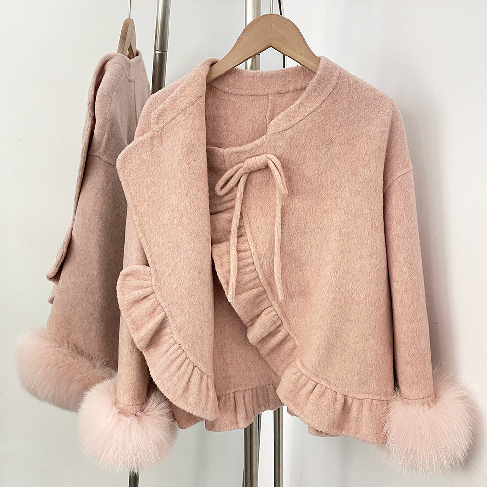 OFTBUY New Women's Wool Jacket with Real Fox Fur Cuffs Winter Elegant Fashion Clothing Outerwear Short Luxury Woolen Coat Female