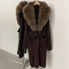 OFTBUY Women's Luxury Brown Knit Cardigan with Real Fox Fur Collar Belted Sweater Coat Female New Fashion Warm Winter Outerwear