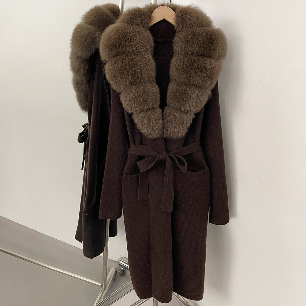 OFTBUY Women's Luxury Brown Knit Cardigan with Real Fox Fur Collar Belted Sweater Coat Female New Fashion Warm Winter Outerwear