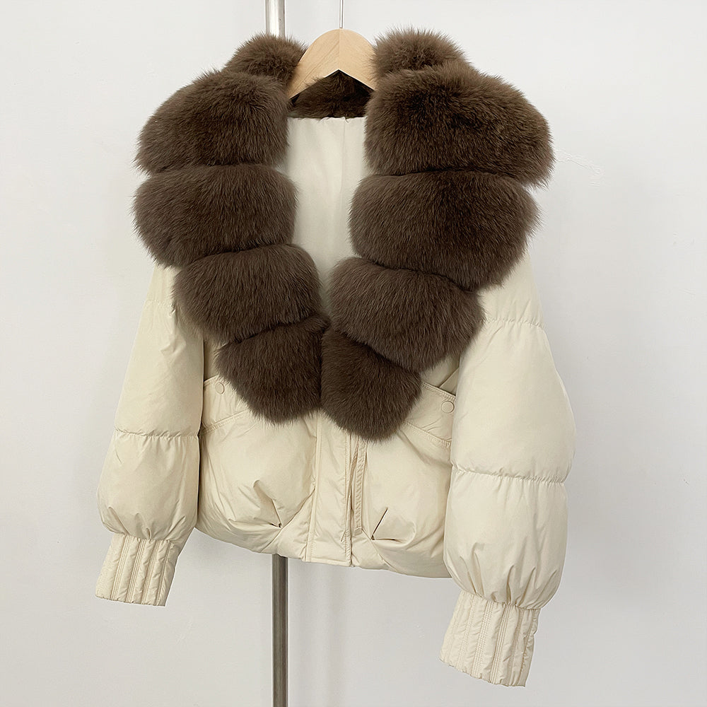 OFTBUY Luxury 90% Duck Down Puffer Jacket with Oversized Real Fox Fur Collar - Short Tiered Winter Coat