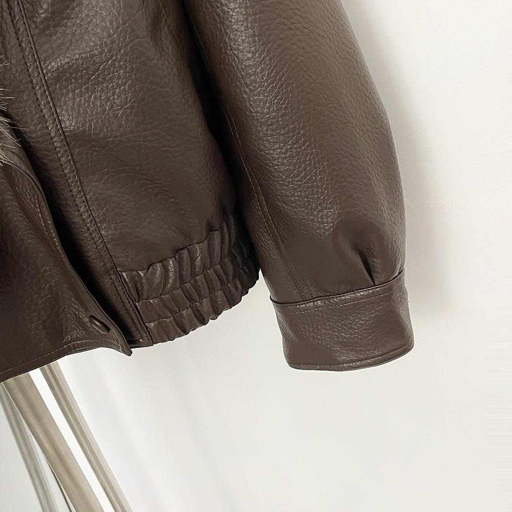OFTBUY Stylish Fur Patchwork Leather Jacket Women Detachable Collar Breasted Waist Closed Coat Female Spring Winter Lady Outwear