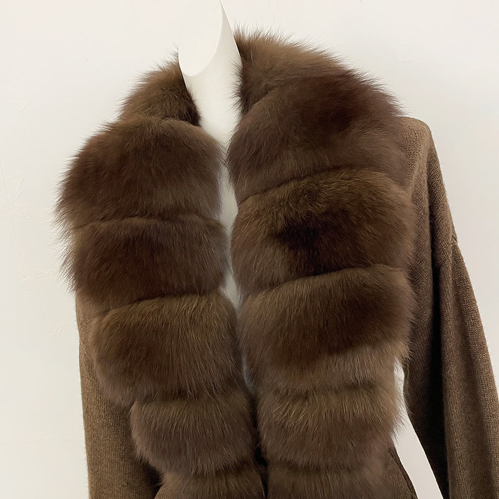 OFTBUY Trim Belted Waist Warm Winter Luxury Fashion Outerwear Sweater Female New Women's Knit Cardigan with Large Real Fox Fur
