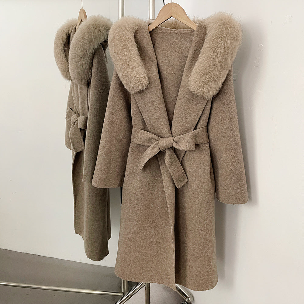 OFTBUY Long Hooded Real Fox Fur Wool Jacket Women New Autumn Winter Woolen Clothes Female Fashion Warm Natural Fur Woolen Coat