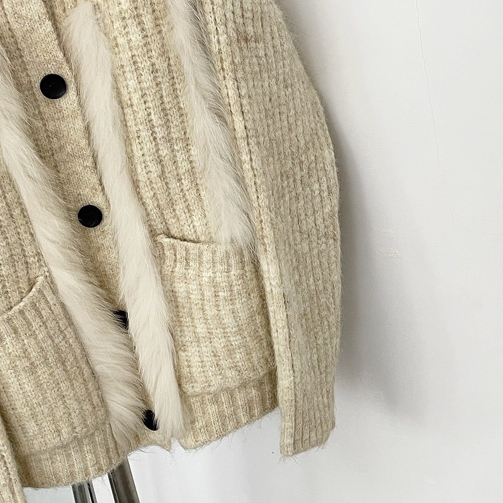OFTBUY New Fashion Spring Autumn Loose Sweater Female Real Fox Fur Cardigan Clothing Women Button Oversized Knitted Jacket Lady